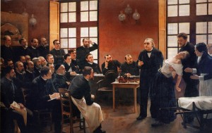 André Bouillet, leçon de Charcot pratiquant l'hypnose sur une hystérique, à la Salpêtrière, 1887